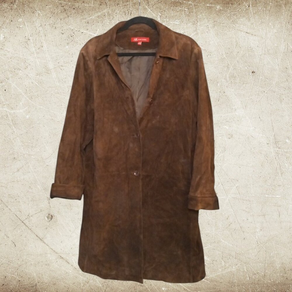 Vintage ANNE KLEIN Genuine Leather Suede Midi Trench Coat Size L